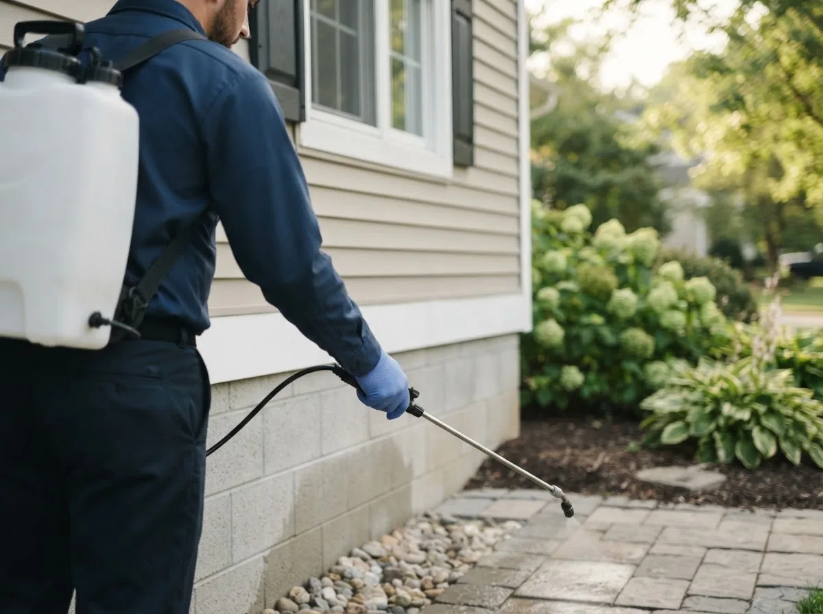 Pest control technician inspecting a home in Tecumseh, OK
